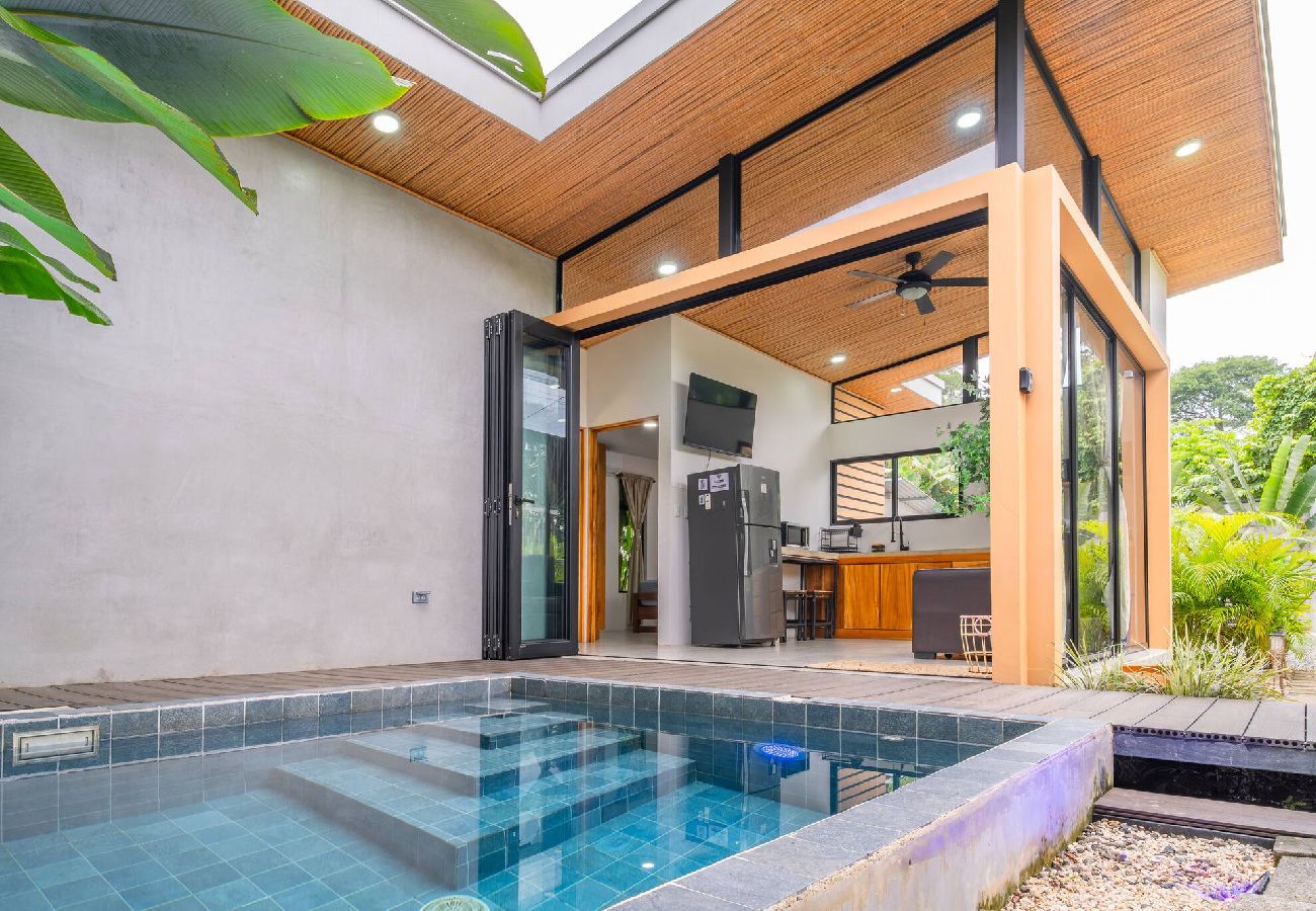 Piscina privada de Villa Amanda 1 con vista al área abierta de la villa en Playa Negra, Puerto Viejo.
